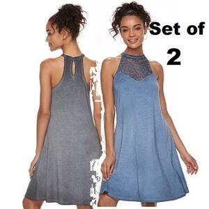 Set of 2 MUDD RazorBack Lace Swing Dress Lunar Wash Tank T Shirt Womens Small